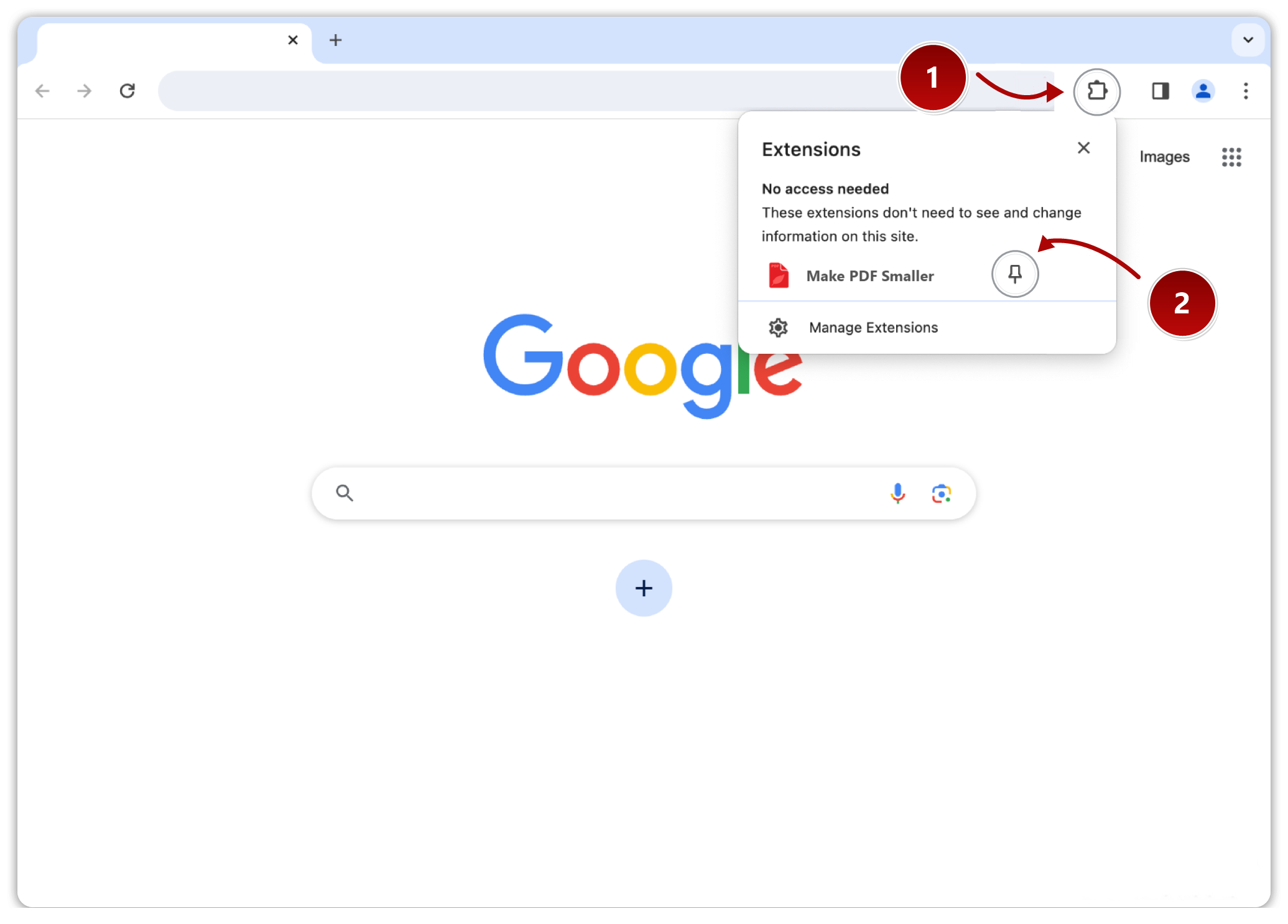Chrome Extensions menu showing the Extensions button and the pin next to Make PDF Smaller